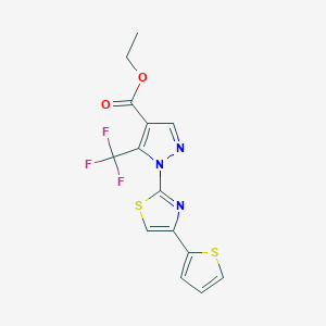 molecular formula C14H10F3N3O2S2 B2828493 ethyl 1-[4-(2-thienyl)-1,3-thiazol-2-yl]-5-(trifluoromethyl)-1H-pyrazole-4-carboxylate CAS No. 955965-08-9