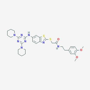 molecular formula C32H40N8O3S2 B282862 N-[2-(3,4-dimethoxyphenyl)ethyl]-2-[(6-{[4,6-di(1-piperidinyl)-1,3,5-triazin-2-yl]amino}-1,3-benzothiazol-2-yl)sulfanyl]acetamide 