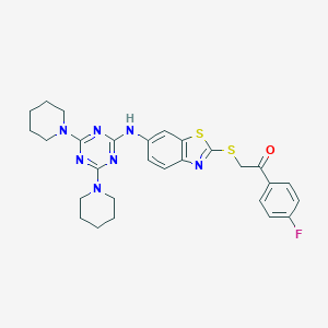 molecular formula C28H30FN7OS2 B282872 2-[(6-{[4,6-BIS(PIPERIDIN-1-YL)-1,3,5-TRIAZIN-2-YL]AMINO}-1,3-BENZOTHIAZOL-2-YL)SULFANYL]-1-(4-FLUOROPHENYL)ETHANONE 