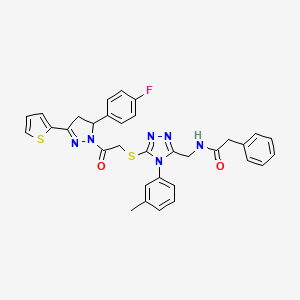 molecular formula C33H29FN6O2S2 B2828817 N-{[5-({2-[5-(4-fluorophenyl)-3-(thiophen-2-yl)-4,5-dihydro-1H-pyrazol-1-yl]-2-oxoethyl}sulfanyl)-4-(3-methylphenyl)-4H-1,2,4-triazol-3-yl]methyl}-2-phenylacetamide CAS No. 362505-83-7