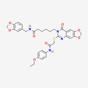 molecular formula C33H34N4O8S B2828968 N-[(2H-1,3-benzodioxol-5-yl)methyl]-6-[6-({[(4-ethoxyphenyl)carbamoyl]methyl}sulfanyl)-8-oxo-2H,7H,8H-[1,3]dioxolo[4,5-g]quinazolin-7-yl]hexanamide CAS No. 688061-39-4
