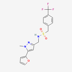 molecular formula C17H16F3N3O3S B2829349 N-((5-(furan-2-yl)-1-methyl-1H-pyrazol-3-yl)methyl)-1-(4-(trifluoromethyl)phenyl)methanesulfonamide CAS No. 1421468-80-5