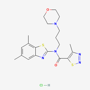 molecular formula C20H26ClN5O2S2 B2829389 N-(5,7-DIMETHYL-1,3-BENZOTHIAZOL-2-YL)-4-METHYL-N-[3-(MORPHOLIN-4-YL)PROPYL]-1,2,3-THIADIAZOLE-5-CARBOXAMIDE HYDROCHLORIDE CAS No. 1351658-97-3