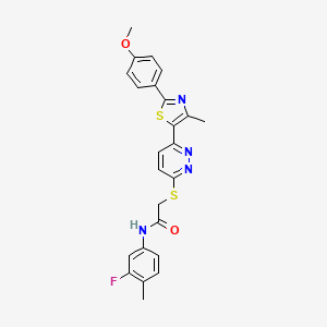 molecular formula C24H21FN4O2S2 B2829419 N-(3-fluoro-4-methylphenyl)-2-({6-[2-(4-methoxyphenyl)-4-methyl-1,3-thiazol-5-yl]pyridazin-3-yl}sulfanyl)acetamide CAS No. 954697-26-8