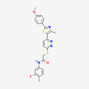 molecular formula C24H21FN4O2S2 B2829419 N-(3-fluoro-4-methylphenyl)-2-((6-(2-(4-methoxyphenyl)-4-methylthiazol-5-yl)pyridazin-3-yl)thio)acetamide CAS No. 954697-26-8