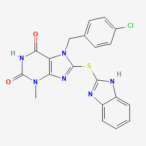 molecular formula C20H15ClN6O2S B2829424 8-(1H-苯并咪唑-2-基硫基)-7-[(4-氯苯基)甲基]-3-甲基嘧啶-2,6-二酮 CAS No. 672944-44-4