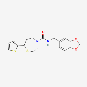 molecular formula C18H20N2O3S2 B2830189 N-(benzo[d][1,3]dioxol-5-ylmethyl)-7-(thiophen-2-yl)-1,4-thiazepane-4-carboxamide CAS No. 1705219-96-0
