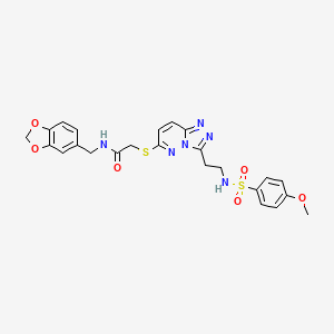 molecular formula C24H24N6O6S2 B2830308 N-[(2H-1,3-BENZODIOXOL-5-YL)METHYL]-2-({3-[2-(4-METHOXYBENZENESULFONAMIDO)ETHYL]-[1,2,4]TRIAZOLO[4,3-B]PYRIDAZIN-6-YL}SULFANYL)ACETAMIDE CAS No. 873001-99-1