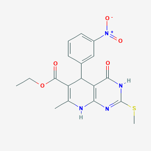 molecular formula C18H18N4O5S B2830338 Ethyl 7-methyl-2-(methylthio)-5-(3-nitrophenyl)-4-oxo-3,4,5,8-tetrahydropyrido[2,3-d]pyrimidine-6-carboxylate CAS No. 321681-80-5