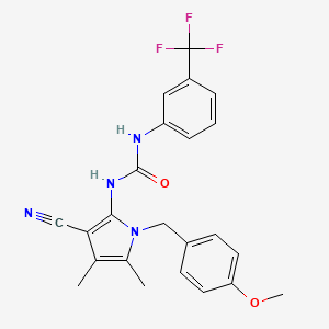molecular formula C23H21F3N4O2 B2830346 N-[3-cyano-1-(4-methoxybenzyl)-4,5-dimethyl-1H-pyrrol-2-yl]-N'-[3-(trifluoromethyl)phenyl]urea CAS No. 866017-62-1
