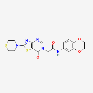 molecular formula C19H19N5O4S2 B2830380 N-(2,3-dihydro-1,4-benzodioxin-6-yl)-2-[7-oxo-2-(thiomorpholin-4-yl)-6H,7H-[1,3]thiazolo[4,5-d]pyrimidin-6-yl]acetamide CAS No. 1224014-38-3