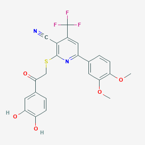 molecular formula C23H17F3N2O5S B2830399 2-{[2-(3,4-Dihydroxyphenyl)-2-oxoethyl]sulfanyl}-6-(3,4-dimethoxyphenyl)-4-(trifluoromethyl)pyridine-3-carbonitrile CAS No. 625376-44-5