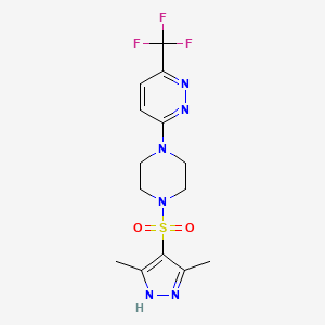 molecular formula C14H17F3N6O2S B2830611 3-[4-[(3,5-Dimethyl-1H-pyrazol-4-yl)sulfonyl]piperazin-1-yl]-6-(trifluoromethyl)pyridazine CAS No. 2379951-35-4