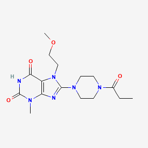 molecular formula C16H24N6O4 B2830622 7-(2-methoxyethyl)-3-methyl-8-(4-propanoylpiperazin-1-yl)-2,3,6,7-tetrahydro-1H-purine-2,6-dione CAS No. 1363974-92-8