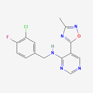 molecular formula C14H11ClFN5O B2830737 N-[(3-chloro-4-fluorophenyl)methyl]-5-(3-methyl-1,2,4-oxadiazol-5-yl)pyrimidin-4-amine CAS No. 2034542-28-2