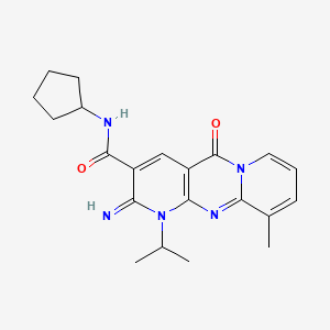 molecular formula C21H25N5O2 B2830766 N-cyclopentyl-6-imino-11-methyl-2-oxo-7-propan-2-yl-1,7,9-triazatricyclo[8.4.0.03,8]tetradeca-3(8),4,9,11,13-pentaene-5-carboxamide CAS No. 607386-03-8