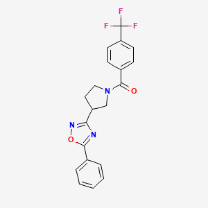molecular formula C20H16F3N3O2 B2830972 5-phenyl-3-{1-[4-(trifluoromethyl)benzoyl]pyrrolidin-3-yl}-1,2,4-oxadiazole CAS No. 2034415-37-5