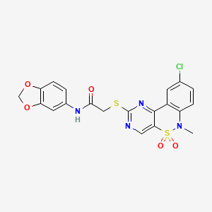 molecular formula C20H15ClN4O5S2 B2830982 N-(2H-1,3-benzodioxol-5-yl)-2-({13-chloro-9-methyl-8,8-dioxo-8lambda6-thia-3,5,9-triazatricyclo[8.4.0.0^{2,7}]tetradeca-1(14),2(7),3,5,10,12-hexaen-4-yl}sulfanyl)acetamide CAS No. 1111165-23-1
