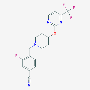 molecular formula C18H16F4N4O B2831130 3-Fluoro-4-[(4-{[4-(trifluoromethyl)pyrimidin-2-yl]oxy}piperidin-1-yl)methyl]benzonitrile CAS No. 2380097-07-2