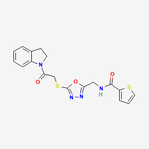 molecular formula C18H16N4O3S2 B2831239 N-[(5-{[2-(2,3-DIHYDRO-1H-INDOL-1-YL)-2-OXOETHYL]SULFANYL}-1,3,4-OXADIAZOL-2-YL)METHYL]THIOPHENE-2-CARBOXAMIDE CAS No. 851861-41-1