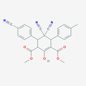 molecular formula C26H21N3O5 B2831292 Dimethyl 5,5-dicyano-4-(4-cyanophenyl)-2-hydroxy-6-(4-methylphenyl)-1-cyclohexene-1,3-dicarboxylate CAS No. 1217712-92-9