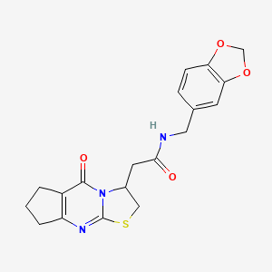 molecular formula C19H19N3O4S B2831305 N-(benzo[d][1,3]dioxol-5-ylmethyl)-2-(5-oxo-2,3,5,6,7,8-hexahydrocyclopenta[d]thiazolo[3,2-a]pyrimidin-3-yl)acetamide CAS No. 1021265-31-5