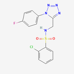 molecular formula C14H11ClFN5O2S B2831518 2-chloro-N-((1-(4-fluorophenyl)-1H-tetrazol-5-yl)methyl)benzenesulfonamide CAS No. 942000-35-3