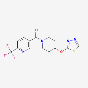 molecular formula C14H13F3N4O2S B2831519 5-[4-(1,3,4-thiadiazol-2-yloxy)piperidine-1-carbonyl]-2-(trifluoromethyl)pyridine CAS No. 2176201-67-3