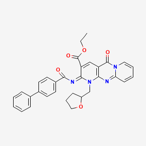 molecular formula C32H28N4O5 B2831569 ethyl 2-oxo-7-(oxolan-2-ylmethyl)-6-(4-phenylbenzoyl)imino-1,7,9-triazatricyclo[8.4.0.03,8]tetradeca-3(8),4,9,11,13-pentaene-5-carboxylate CAS No. 534580-92-2