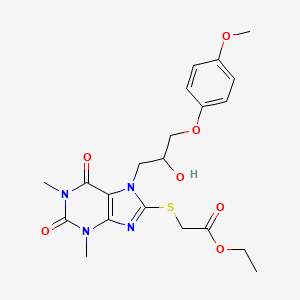 molecular formula C21H26N4O7S B2831573 ethyl 2-((7-(2-hydroxy-3-(4-methoxyphenoxy)propyl)-1,3-dimethyl-2,6-dioxo-2,3,6,7-tetrahydro-1H-purin-8-yl)thio)acetate CAS No. 941965-20-4