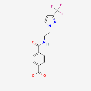 molecular formula C15H14F3N3O3 B2831583 methyl 4-((2-(3-(trifluoromethyl)-1H-pyrazol-1-yl)ethyl)carbamoyl)benzoate CAS No. 1448062-62-1