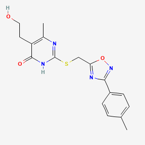 molecular formula C17H18N4O3S B2831707 5-(2-Hydroxyethyl)-6-methyl-2-({[3-(4-methylphenyl)-1,2,4-oxadiazol-5-YL]methyl}sulfanyl)pyrimidin-4-OL CAS No. 946385-62-2