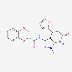 molecular formula C20H18N4O5 B2831886 N-(4-(furan-2-yl)-1-methyl-6-oxo-4,5,6,7-tetrahydro-1H-pyrazolo[3,4-b]pyridin-3-yl)-2,3-dihydrobenzo[b][1,4]dioxine-2-carboxamide CAS No. 1203278-54-9