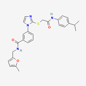 molecular formula C27H28N4O3S B2832126 N-[(5-methylfuran-2-yl)methyl]-3-{2-[({[4-(propan-2-yl)phenyl]carbamoyl}methyl)sulfanyl]-1H-imidazol-1-yl}benzamide CAS No. 1115403-65-0