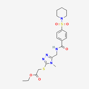 molecular formula C20H27N5O5S2 B2832194 ethyl 2-((4-methyl-5-((4-(piperidin-1-ylsulfonyl)benzamido)methyl)-4H-1,2,4-triazol-3-yl)thio)acetate CAS No. 689751-94-8