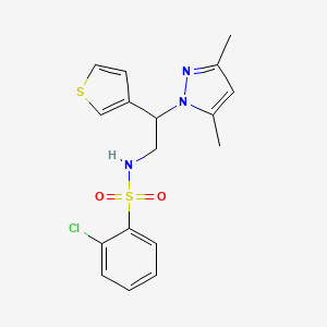 molecular formula C17H18ClN3O2S2 B2832399 2-chloro-N-(2-(3,5-dimethyl-1H-pyrazol-1-yl)-2-(thiophen-3-yl)ethyl)benzenesulfonamide CAS No. 2034546-26-2
