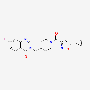 molecular formula C21H21FN4O3 B2832434 3-{[1-(5-Cyclopropyl-1,2-oxazole-3-carbonyl)piperidin-4-yl]methyl}-7-fluoro-3,4-dihydroquinazolin-4-one CAS No. 2415585-89-4