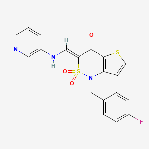 molecular formula C19H14FN3O3S2 B2832598 (3Z)-1-[(4-fluorophenyl)methyl]-3-{[(pyridin-3-yl)amino]methylidene}-1H,3H,4H-2lambda6-thieno[3,2-c][1,2]thiazine-2,2,4-trione CAS No. 894683-56-8