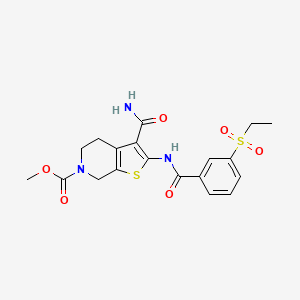 molecular formula C19H21N3O6S2 B2832604 methyl 3-carbamoyl-2-(3-(ethylsulfonyl)benzamido)-4,5-dihydrothieno[2,3-c]pyridine-6(7H)-carboxylate CAS No. 886955-12-0