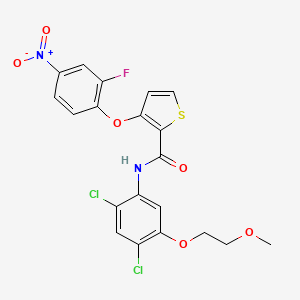 molecular formula C20H15Cl2FN2O6S B2832776 N-[2,4-dichloro-5-(2-methoxyethoxy)phenyl]-3-(2-fluoro-4-nitrophenoxy)thiophene-2-carboxamide CAS No. 339015-61-1