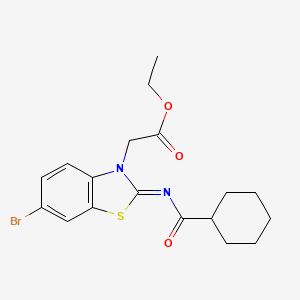 molecular formula C18H21BrN2O3S B2832810 ethyl 2-[(2Z)-6-bromo-2-(cyclohexanecarbonylimino)-2,3-dihydro-1,3-benzothiazol-3-yl]acetate CAS No. 865247-09-2