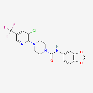 molecular formula C18H16ClF3N4O3 B2833044 N-(2H-1,3-benzodioxol-5-yl)-4-[3-chloro-5-(trifluoromethyl)pyridin-2-yl]piperazine-1-carboxamide CAS No. 866131-92-2