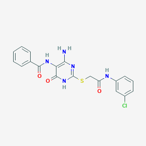 molecular formula C19H16ClN5O3S B2833183 N-(4-amino-2-((2-((3-chlorophenyl)amino)-2-oxoethyl)thio)-6-oxo-1,6-dihydropyrimidin-5-yl)benzamide CAS No. 888415-28-9