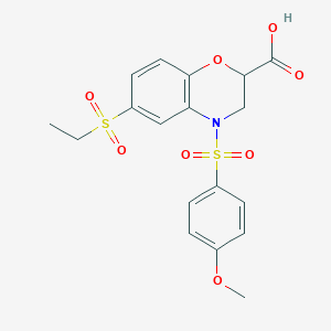 molecular formula C18H19NO8S2 B2833219 6-(乙磺酰)-4-[(4-甲氧基苯基)磺酰]-3,4-二氢-2H-1,4-苯并噁嗪-2-羧酸 CAS No. 866050-98-8