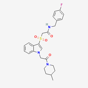 molecular formula C25H28FN3O4S B2833235 N-(4-fluorobenzyl)-2-((1-(2-(4-methylpiperidin-1-yl)-2-oxoethyl)-1H-indol-3-yl)sulfonyl)acetamide CAS No. 878060-34-5