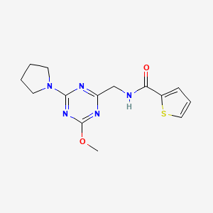 molecular formula C14H17N5O2S B2833254 N-((4-methoxy-6-(pyrrolidin-1-yl)-1,3,5-triazin-2-yl)methyl)thiophene-2-carboxamide CAS No. 2034516-23-7