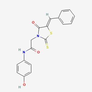 molecular formula C18H14N2O3S2 B2833265 (Z)-2-(5-benzylidene-4-oxo-2-thioxothiazolidin-3-yl)-N-(4-hydroxyphenyl)acetamide CAS No. 303025-97-0