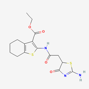 molecular formula C16H19N3O4S2 B2833379 Ethyl 2-{[(2-imino-4-oxo-1,3-thiazolidin-5-yl)acetyl]amino}-4,5,6,7-tetrahydro-1-benzothiophene-3-carboxylate CAS No. 305373-14-2