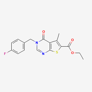 molecular formula C17H15FN2O3S B2833432 ethyl 3-[(4-fluorophenyl)methyl]-5-methyl-4-oxo-3H,4H-thieno[2,3-d]pyrimidine-6-carboxylate CAS No. 449190-55-0