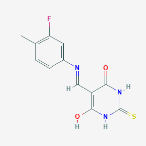 molecular formula C12H10FN3O2S B2833473 5-{[(3-fluoro-4-methylphenyl)amino]methylidene}-2-sulfanylidene-1,3-diazinane-4,6-dione CAS No. 1021229-26-4